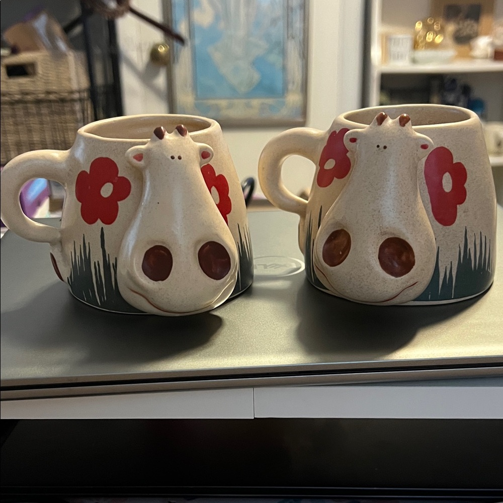 Handmade Charming Cow Mugs with Red Floral Design